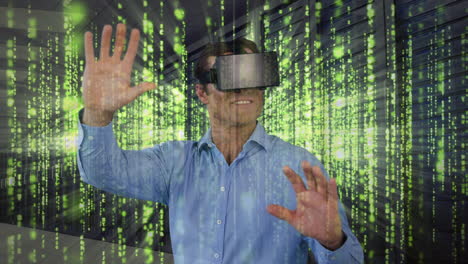 wearing virtual reality headset, man interacting with digital data in server room animation