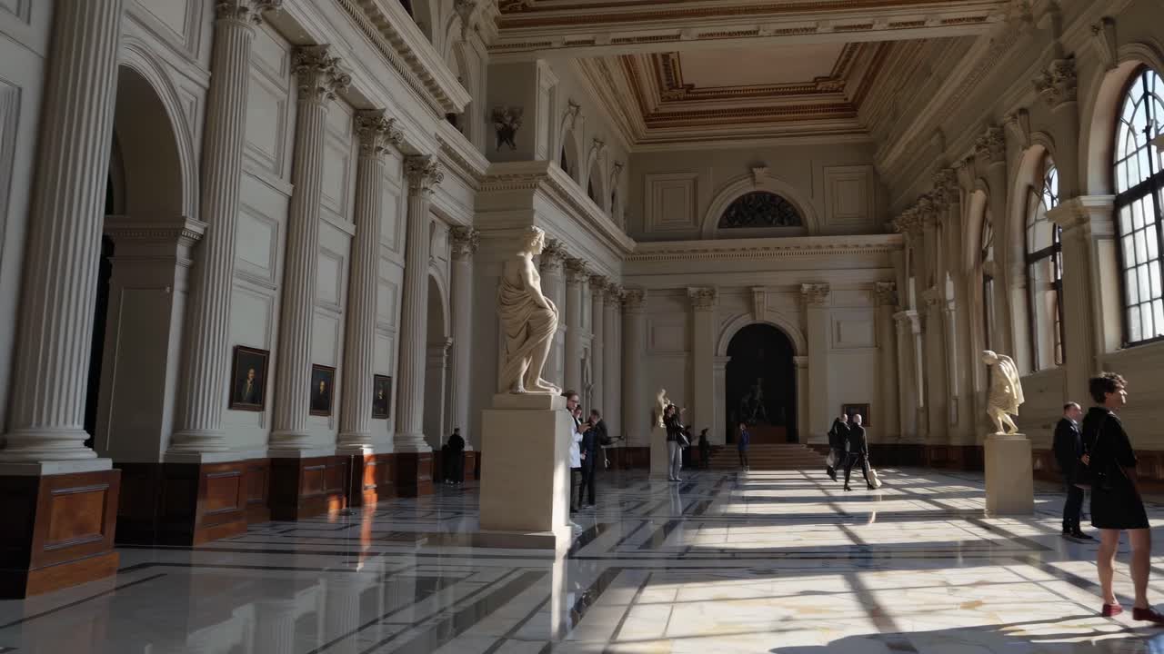 Wide-angle video shot of a grand hall with classical architecture, featuring statues and large