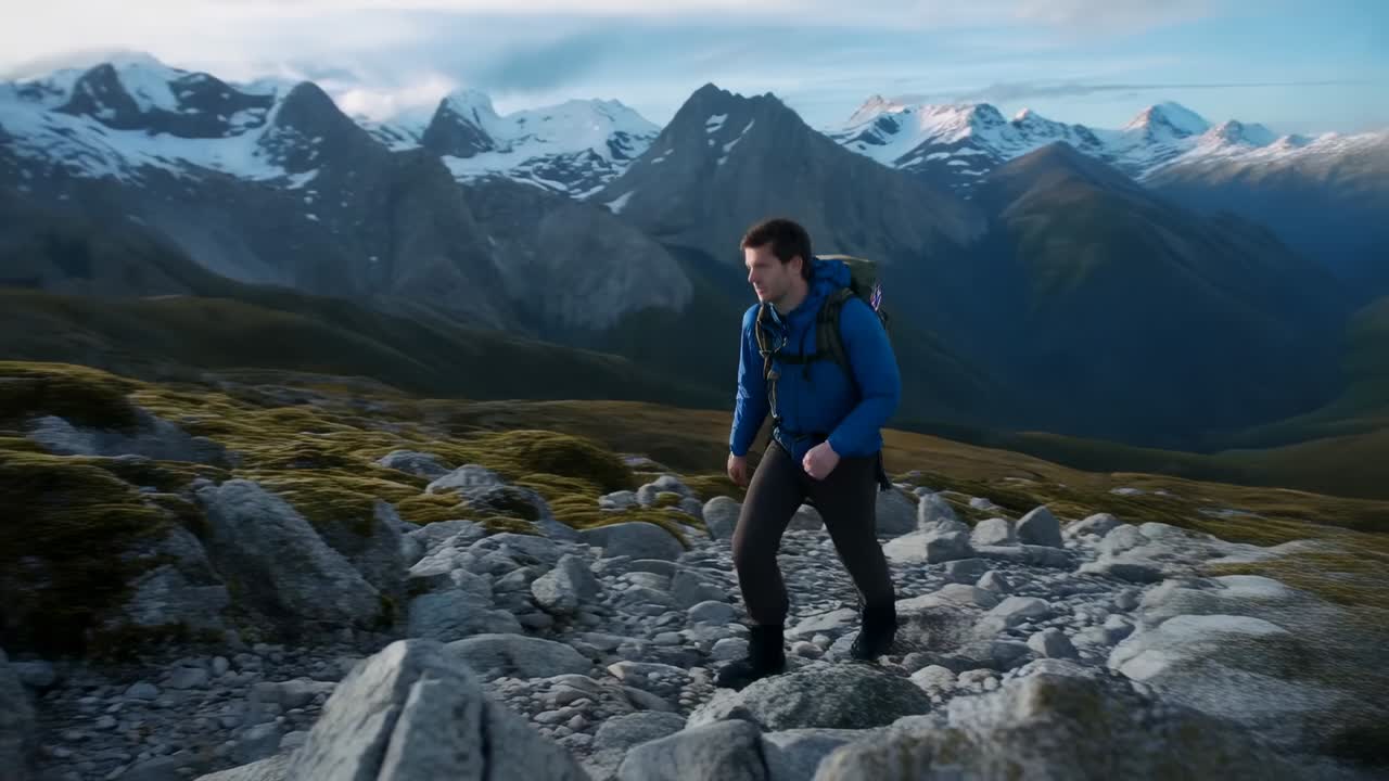 Uomo che cammina su un sentiero alpino verso le cime, retroilluminato, con giacca blu e zaino norvegese