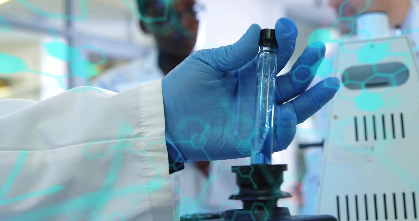 Animation of chemical formula and data processing over diverse scientists doing experiments