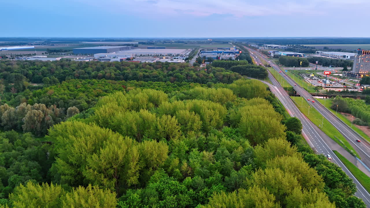 Dutch nature and cityscape. Lush green trees contrast with the urban setting near highways in the Netherlands during twilight