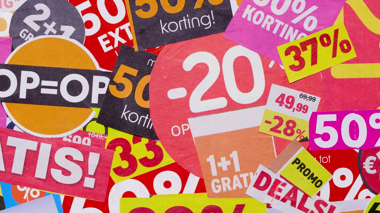 Stop motion collage of sale stickers and percent signs, consumerism theme