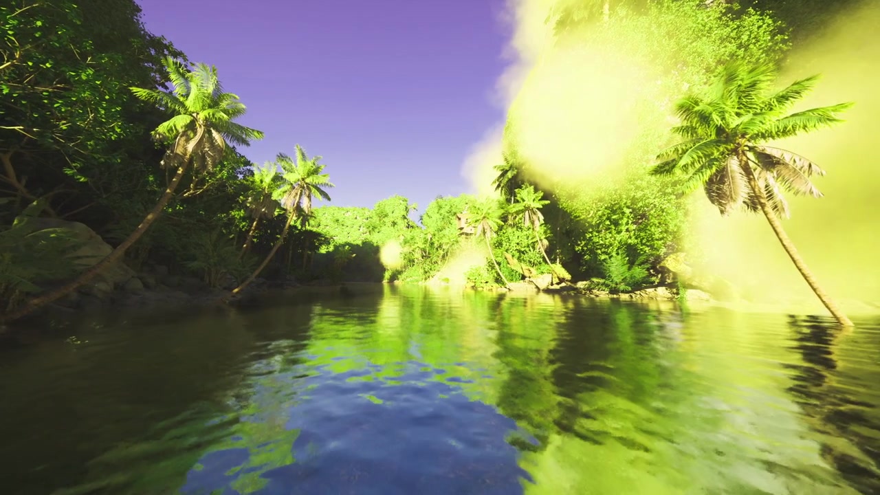 Laguna calma circondata da una fitta foresta pluviale sotto un cielo serale violetto.