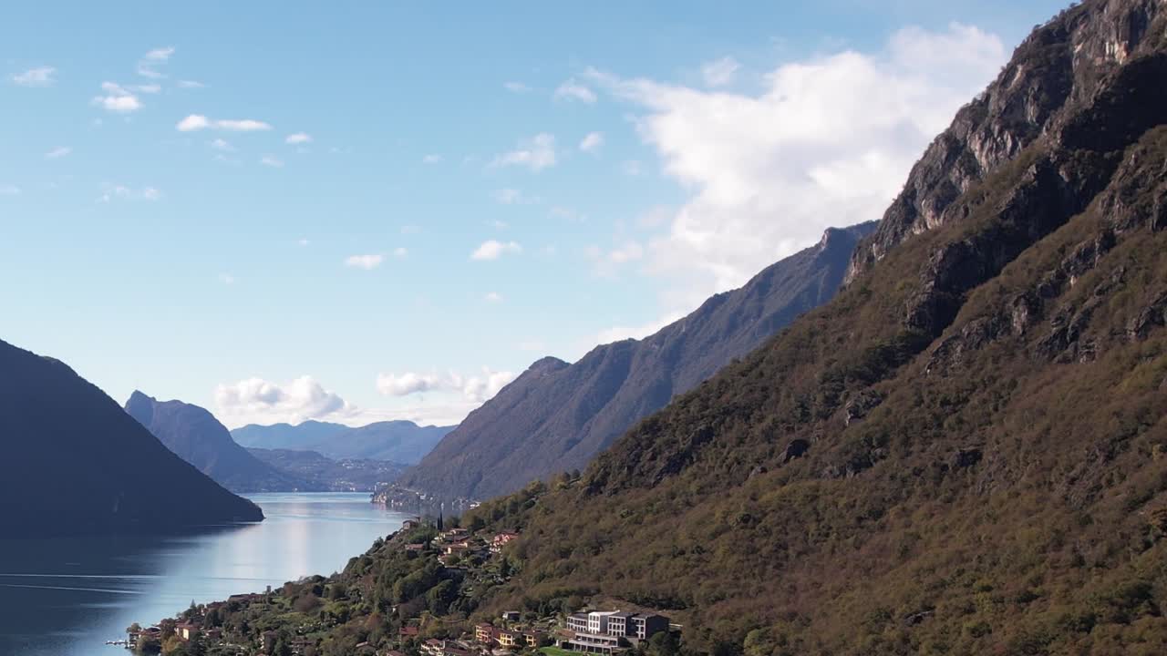 Breathtaking aerial view of the Italian Alps by the lake