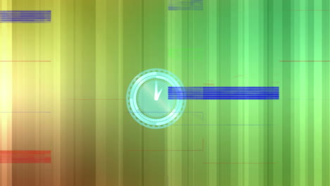 animation of clock, with colourful interference, over glowing green and yellow light beams