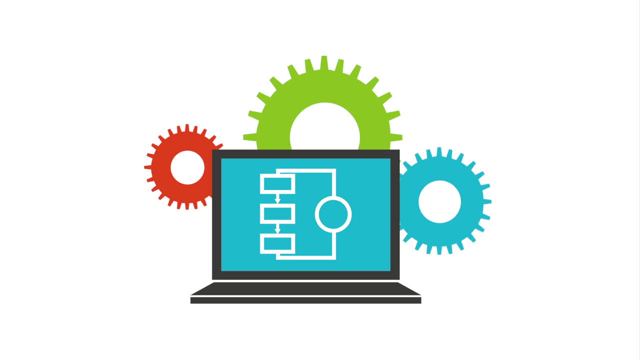 portátil con diagrama de flujo y engranajes