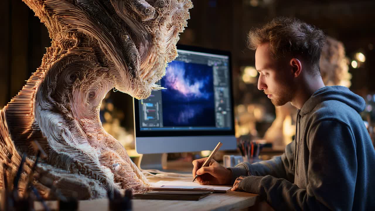 Captivated by Creativity: A Young Artist Engages in Artistic Expression while Surrounded by a Mesmerizing Sculpture and a High-Resolution Digital Display, Blending Traditional and Modern Techniques