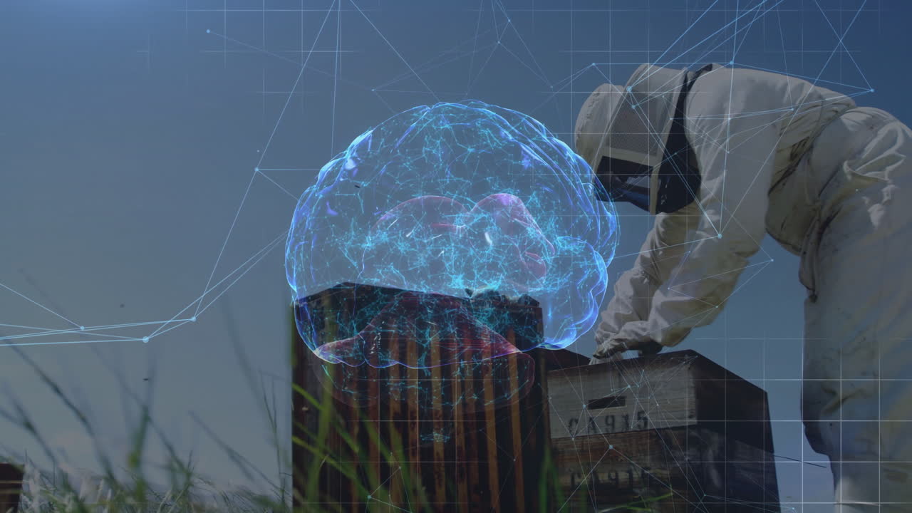 Tending hive, beekeeper using animation of digital brain and network connections