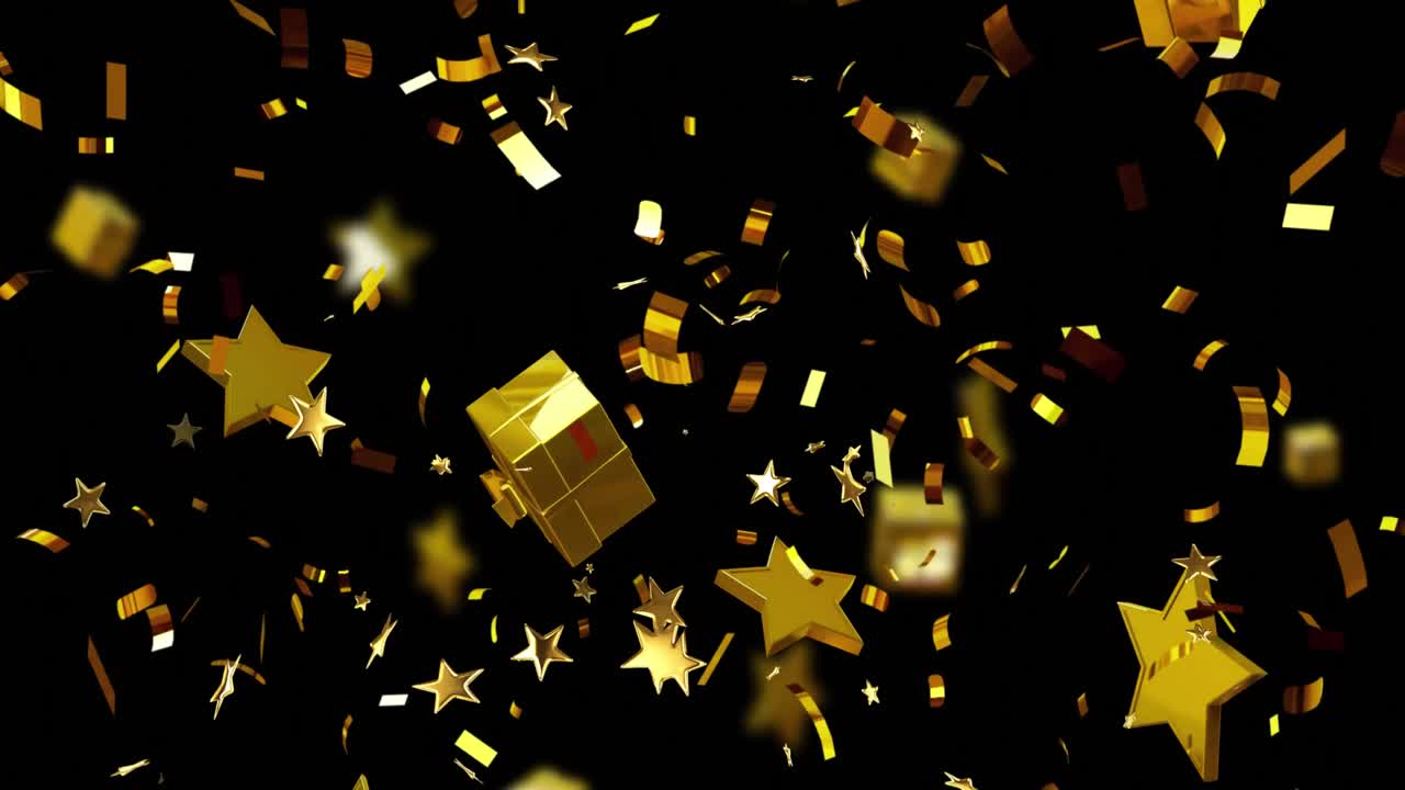 animación de estrellas doradas de navidad y regalos cayendo sobre un fondo negro.