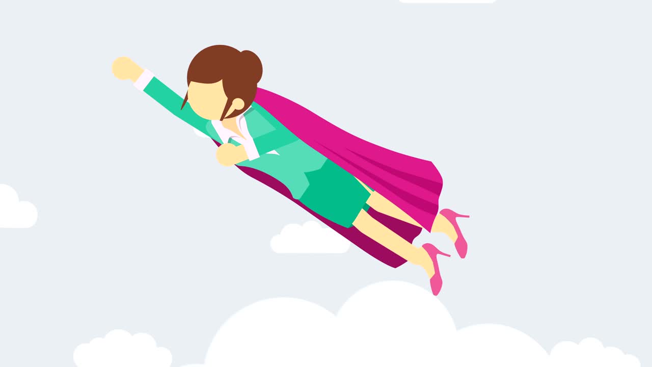 super héroe mujer de negocios volando en traje y capa roja. liderazgo y concepto de logro. ilustración de bucle en estilo plano.