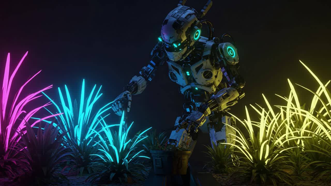 A Futuristic Robot Tending to Vibrant Neon Plants in a Dark Environment, Showcasing Advanced Robotics Blending with Nature Through Innovative Gardening Techniques