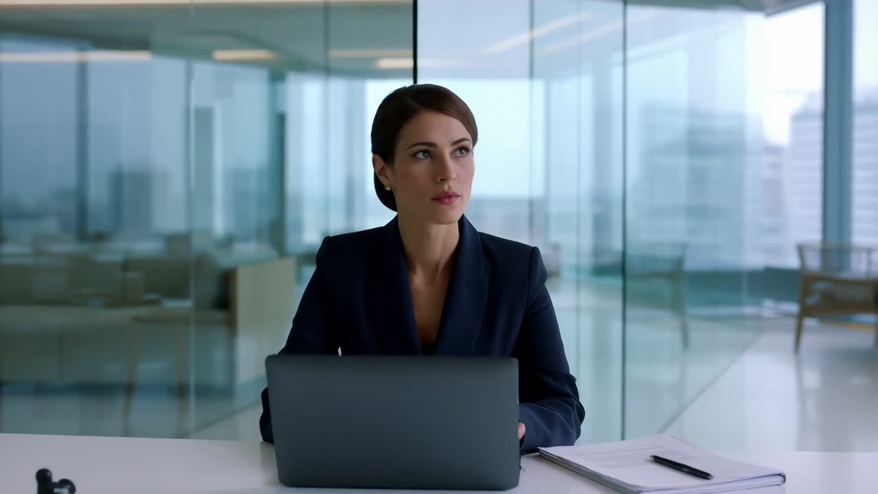 Professional woman working on laptop in a modern office environment