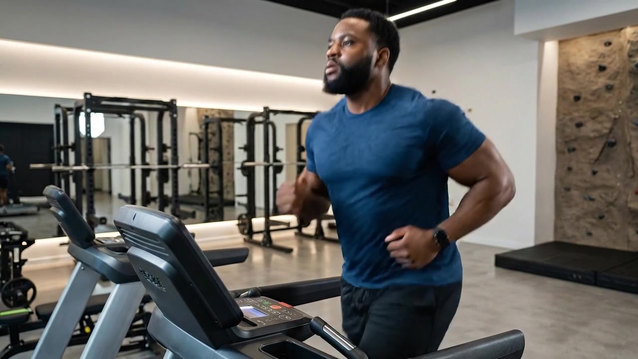 Uomo muscoloso che corre su un tapis roulant in una palestra moderna