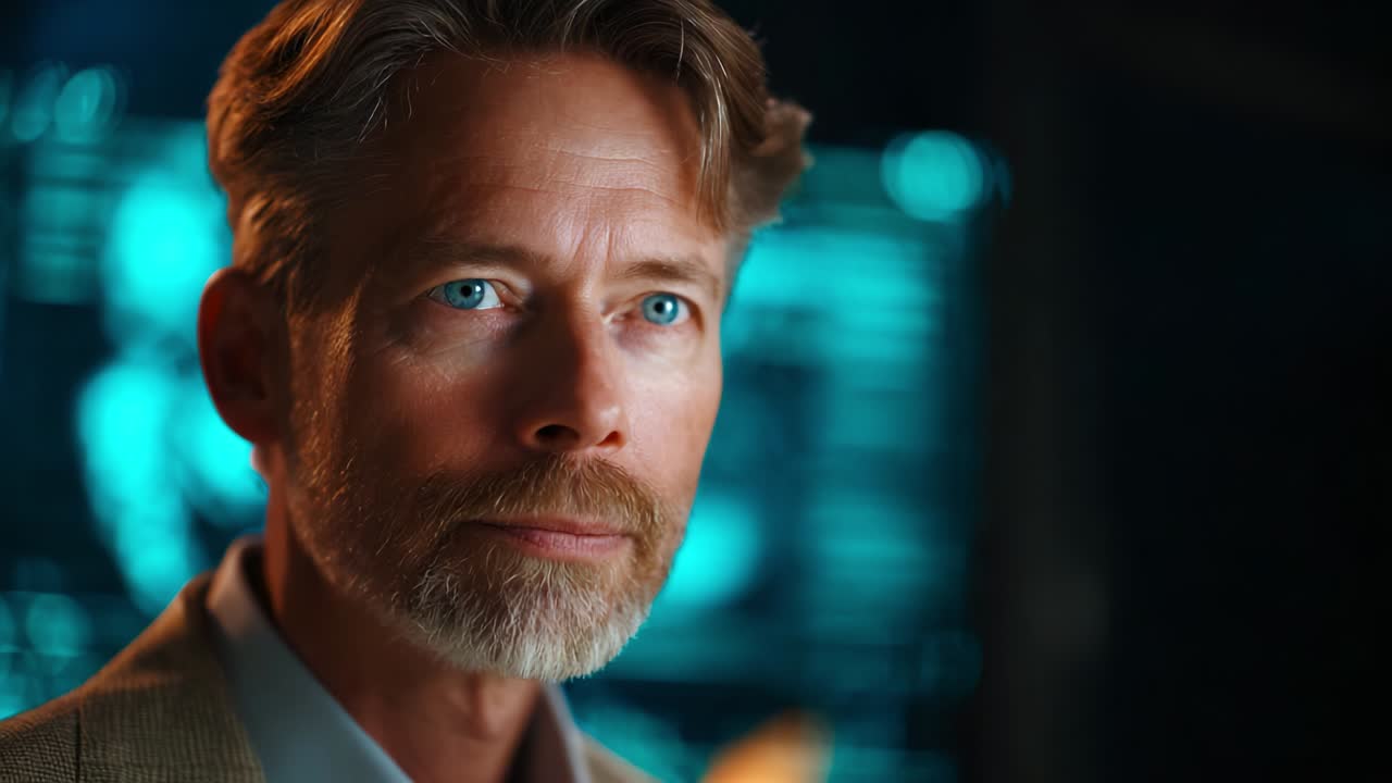 A focused individual with a sophisticated appearance and captivating blue eyes is captured in a moment of contemplation, surrounded by an abstract digital backdrop that enhances the depth of the scene, highlighting both intensity and calmness