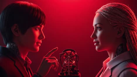 intriguing encounter: a futuristic exchange between human and ai amidst a striking red glow, highlighting the contrast of emotions and technology.