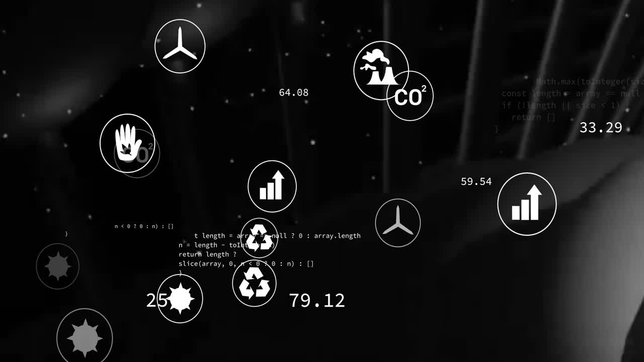Environmental icons with data processing animation on black and white digital backdrop