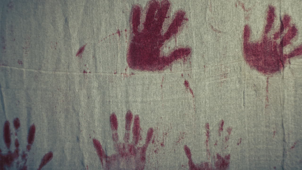 Halloween Background With Bloody Hands On Hanging Tea Towel Copy Space