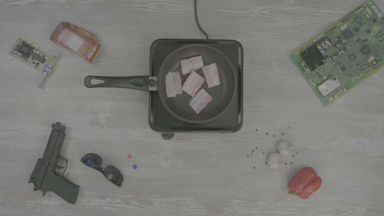 cocción de tocino con accesorios electrónicos y de armas