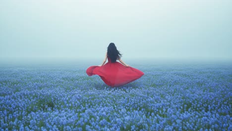 woman in red dress walking through a field of blue flowers in fog