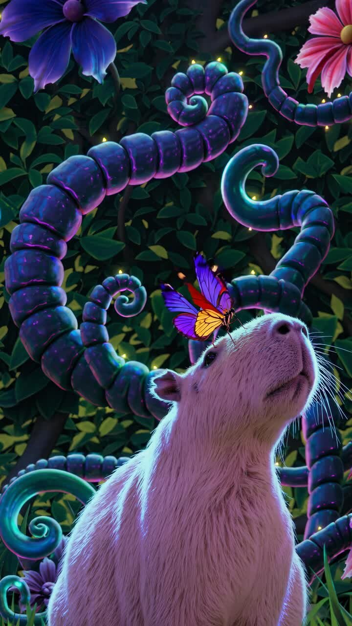 A whimsical video concept featuring a capybara in a vibrant jungle with glowing vines
