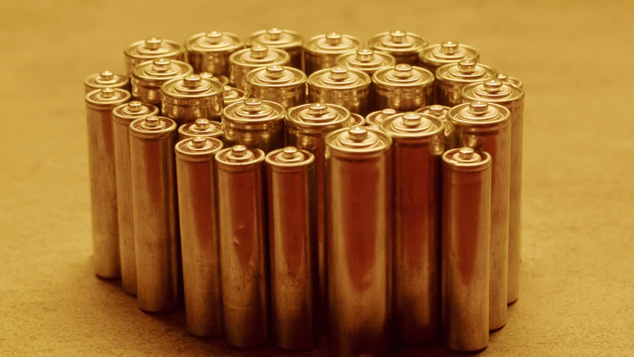 Silver batteries AA and AAA in neon light close-up macro. Double-A battery is a standard size single cell cylindrical dry battery. Batteries are common in portable electronic devices. An AA battery is composed of a single electrochemical cell that may be either a primary battery or a rechargeable ba