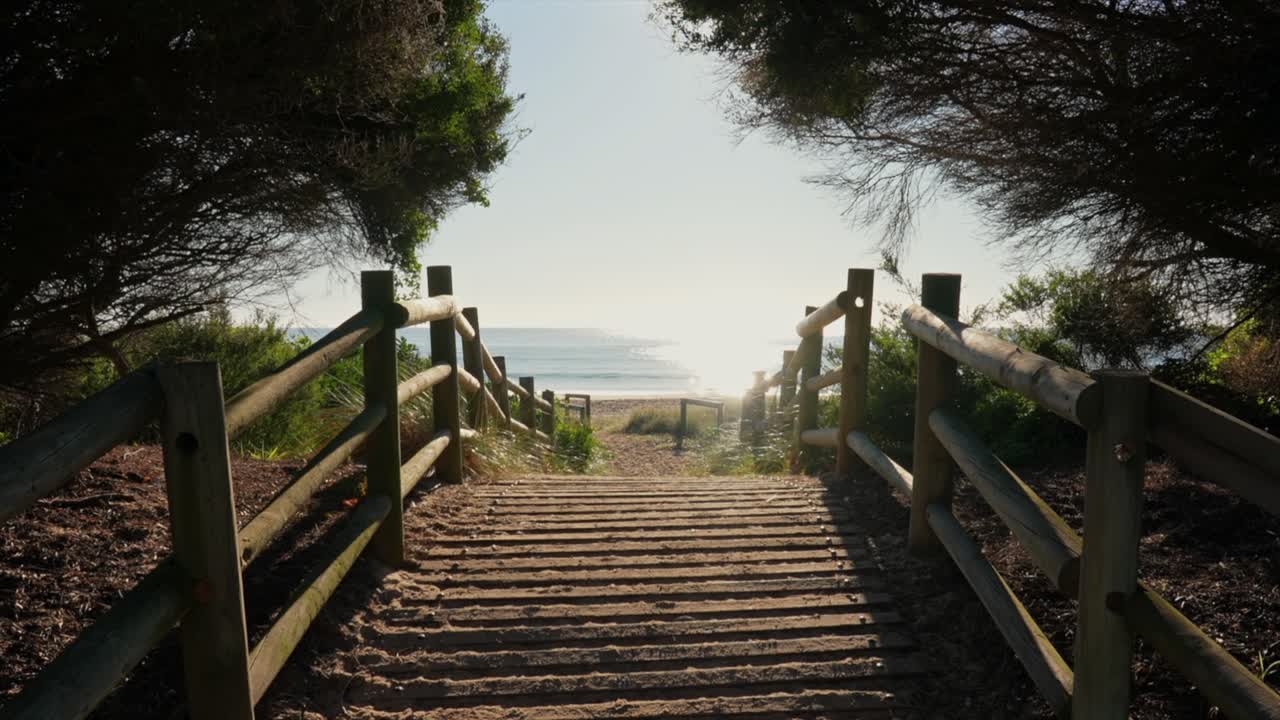 A fenced beach access path onto Tathra beach during a sunny morning, Australia. Wide shot
