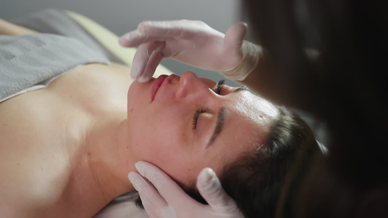 Beauty expert in clinical gloves gently cleans and smooths lips of relaxed patient after facial massage under bright lamp in modern spa treatment room for precise hygienic care and comfort