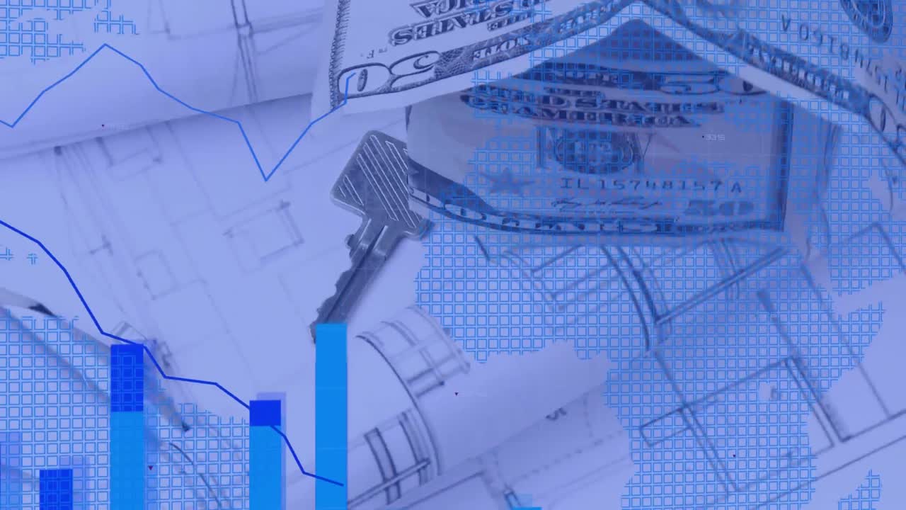 animazione dell'elaborazione dei dati finanziari su una casa fatta di banconote in dollari americani e mappa del mondo