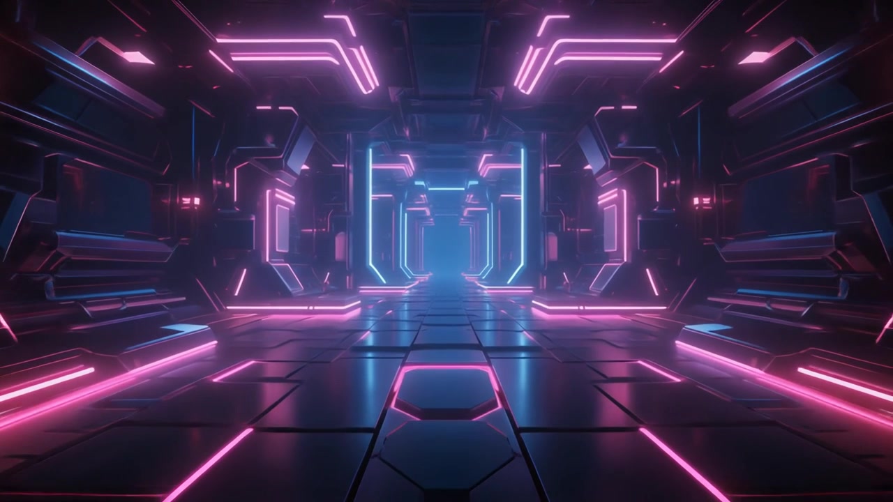 Corridoio fantascientifico futuristico con luci neon rosa e blu incandescenti.