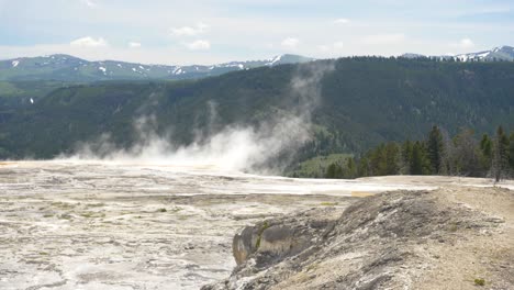 Wide-shot-of-steam-rising-from-hot-spring-with-mountains-in-the-background