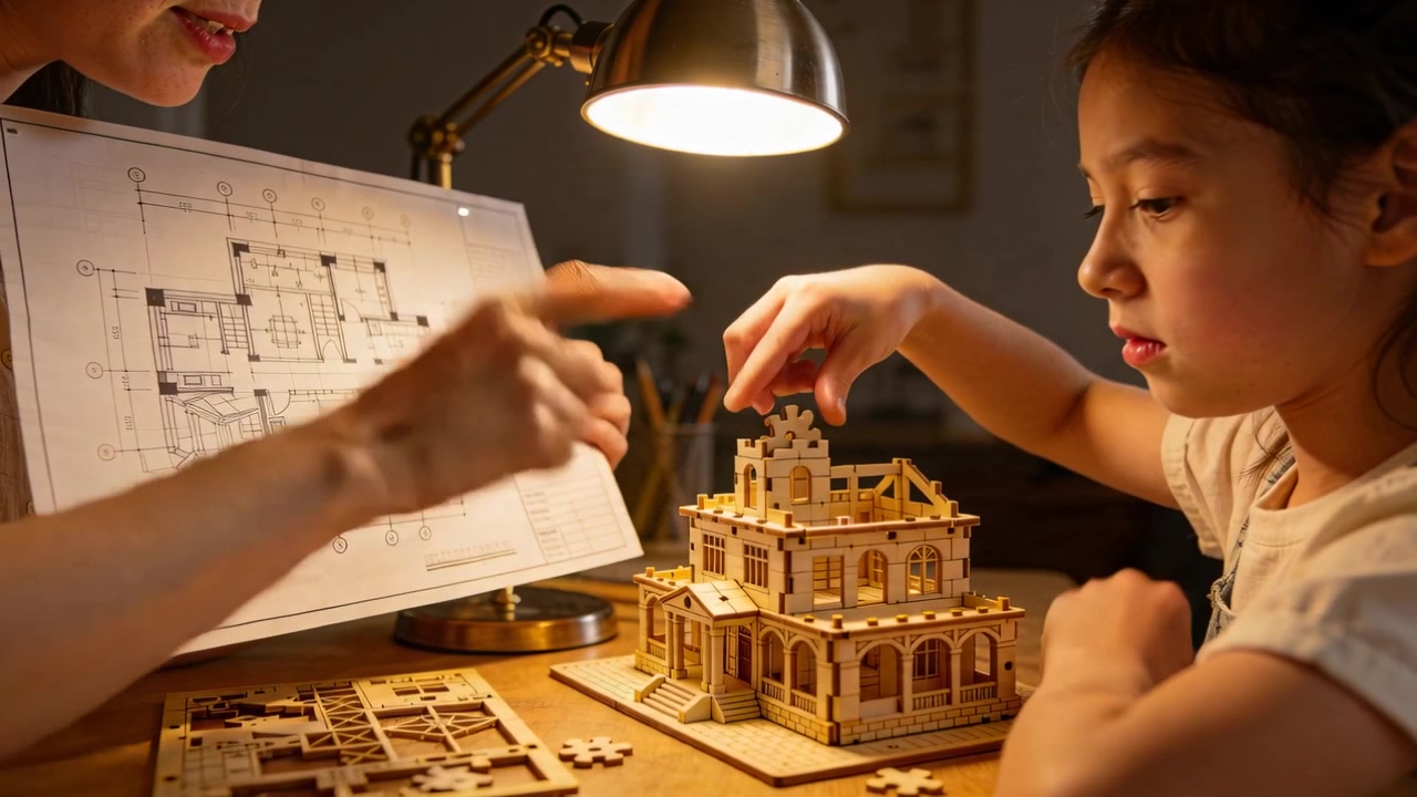 Mor i lys topp holder en byggeplan og veileder en jente i kortermet som bygger et hus etter planen ved et skrivebord, med plass til tekst.