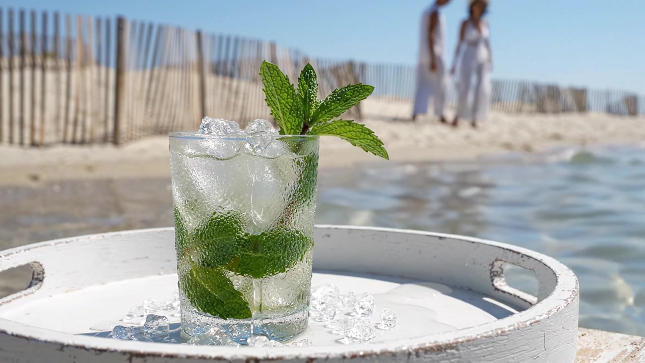 Rinfrescante cocktail alla menta in spiaggia: una bevanda fresca perfetta per le giornate calde, circondata da acque cristalline e sabbia bianca, che completa una bellissima scena estiva