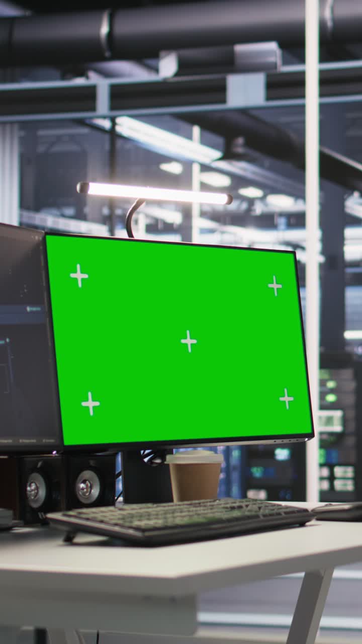 Vertical video Green screen desktop PC set up in data center overseeing server infrastructure