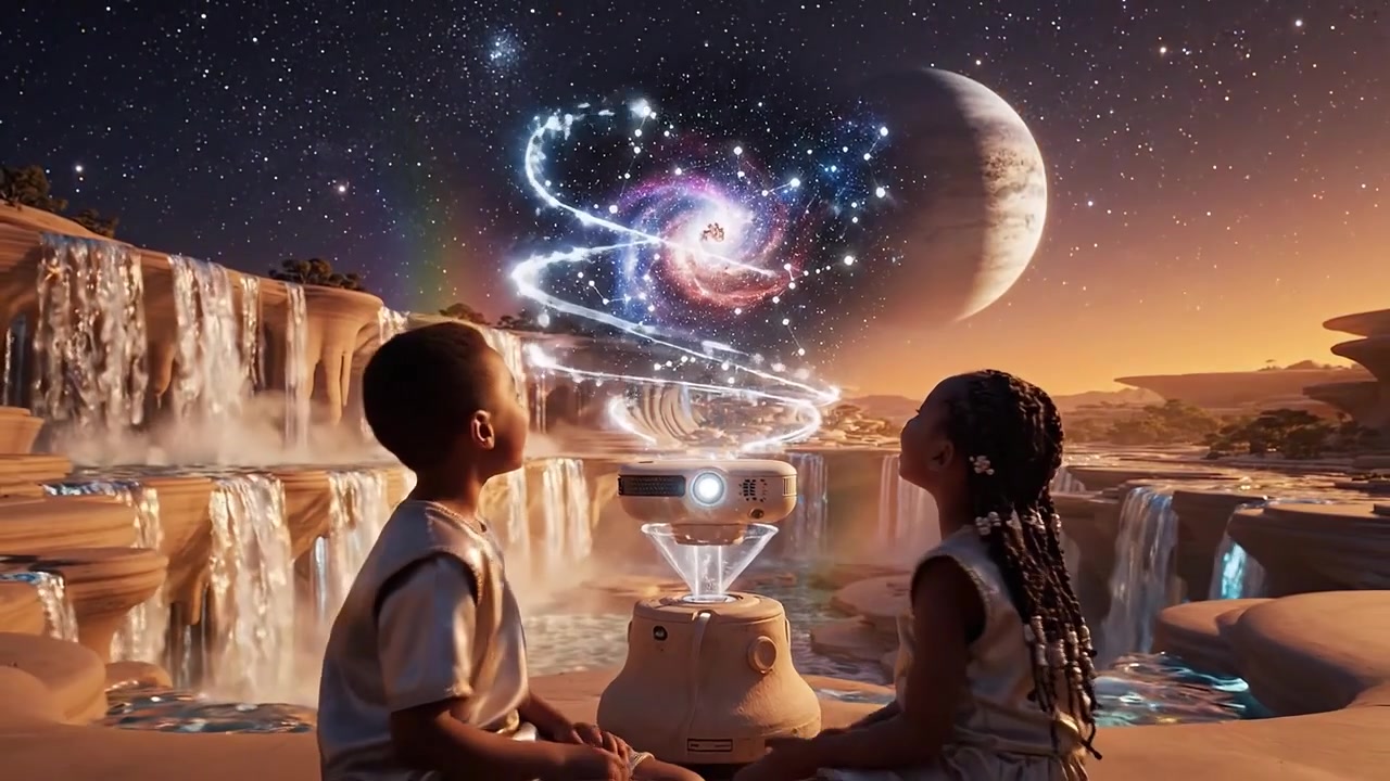 Two Curious Children Explore a Distant World, Discovering Wonders with a Friendly Robot Beneath a Starry Sky and Majestic Waterfalls and Planetary View