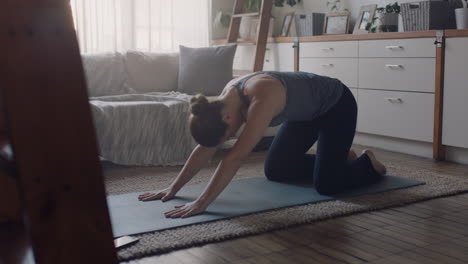 Gesunde-Yoga-Frau-Trainiert-Zu-Hause-Und-übt-Im-Wohnzimmer-Die-Pose-Eines-Nach-Unten-Gerichteten-Hundes-Und-Genießt-Das-Morgendliche-Fitnesstraining