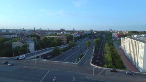 great aerial top view flight berlin city freeway bridge urban intersection germany in europe, summer day 2023