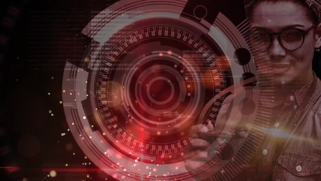 retrato de una fotógrafa con escaneo de alcance y múltiples puntos rojos de luz en el fondo