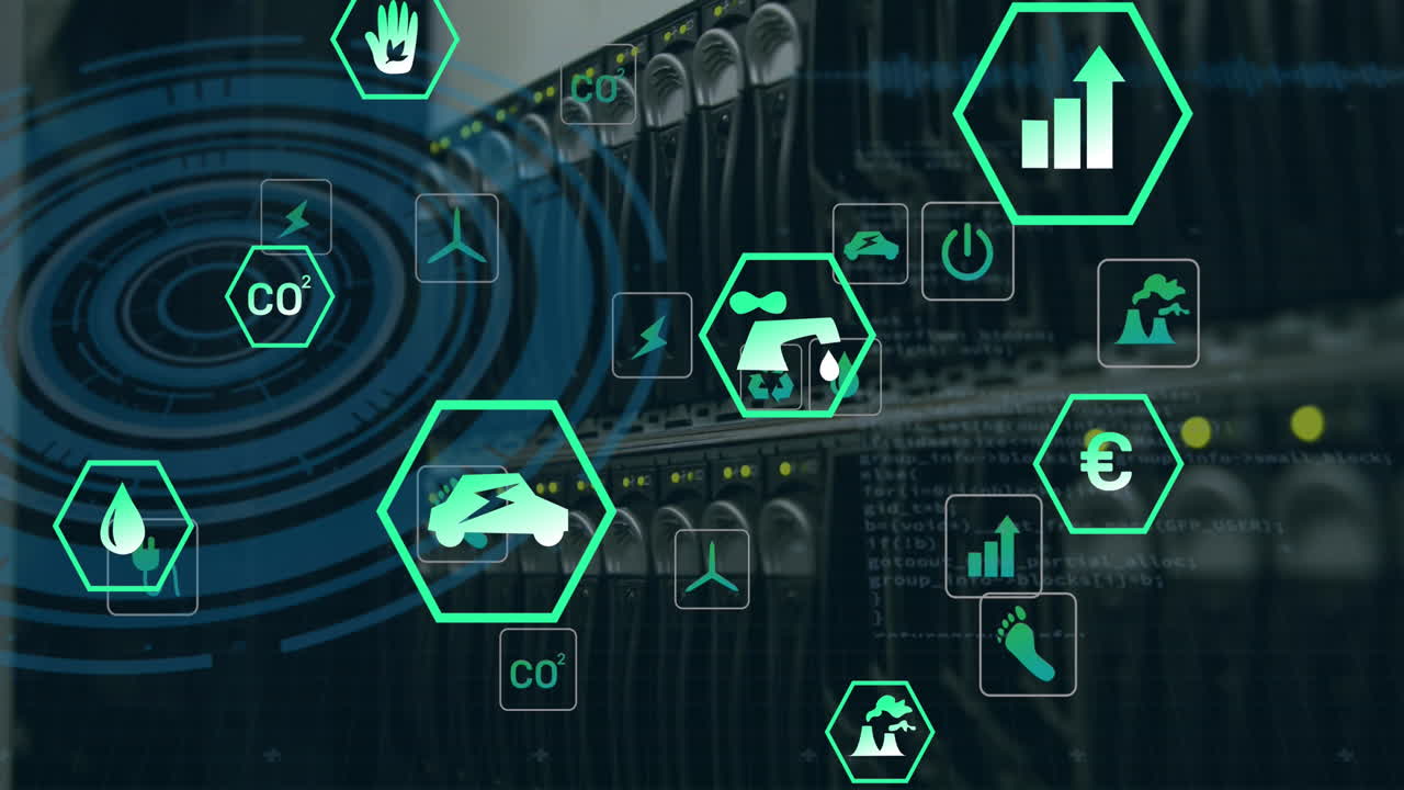 animación de procesamiento de datos y iconos de ecología sobre la sala del servidor