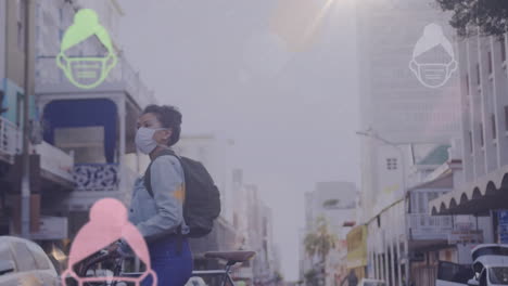 animación de una mujer con una máscara y una bicicleta en la calle sobre múltiples iconos