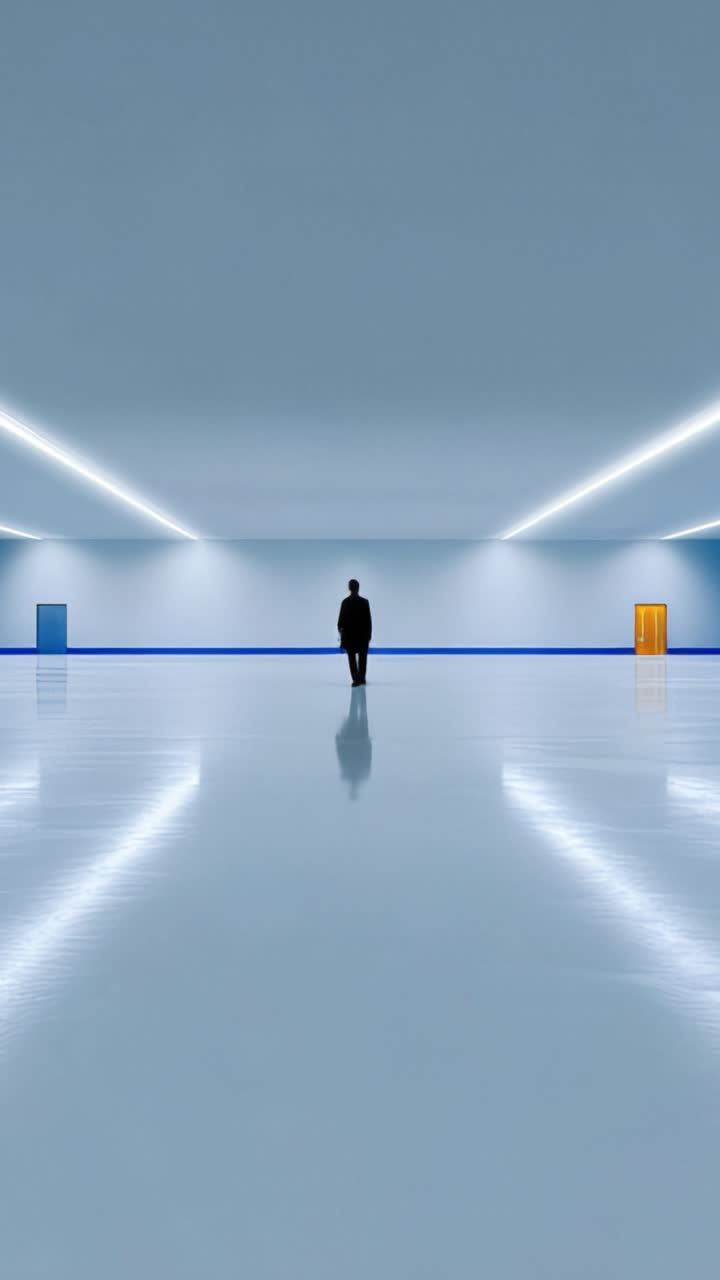 An enigmatic figure stands alone in a vast, minimalist space, surrounded by stark architectural elements and contrasting colors that evoke a sense of solitude and wonder