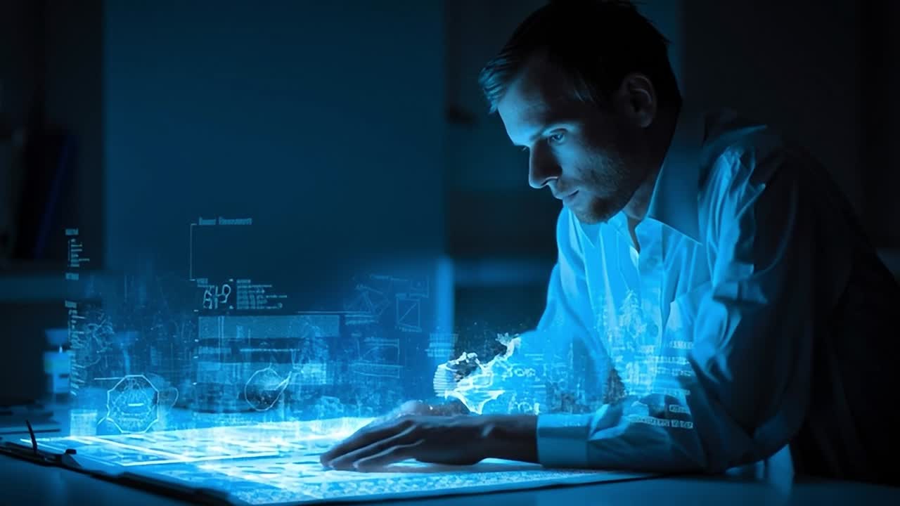 Digital interface interaction with futuristic technology in a dark room