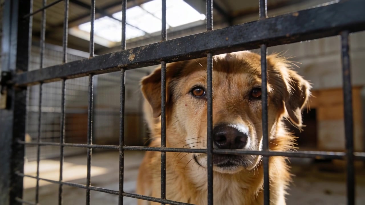 Cámara enfocando a un perro marrón apoyado en la jaula del chenil, olfateando las barras de metal cerca de una caseta de perro de madera.