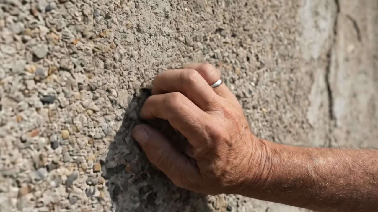 Primo piano di una mano anziana che tocca un muro di cemento grezzo