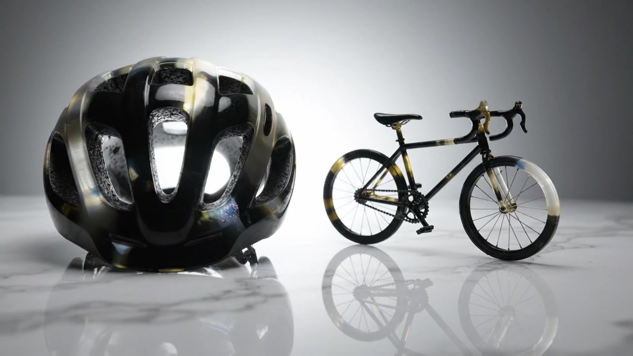 Stylish Cycling Gear Display: A Modern Bicycle and Helmet Highlighting Safety and Design in a Minimalist Setting