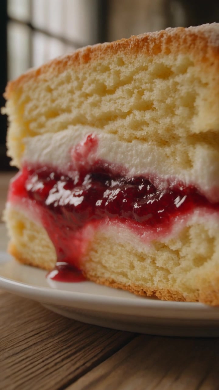Close-up of a Slice of Sponge Cake with Raspberry Jam and Cream
