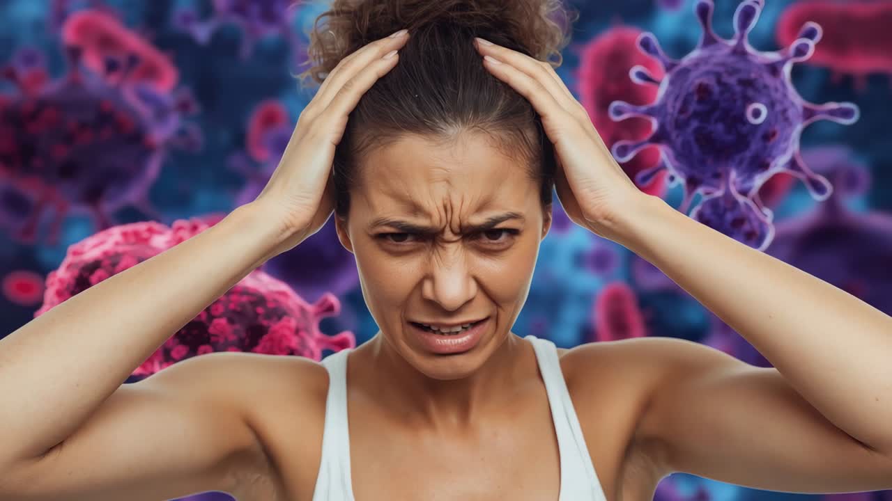 Virus backdrop sparking woman in tank top raising hands to temples in studio, showing stress