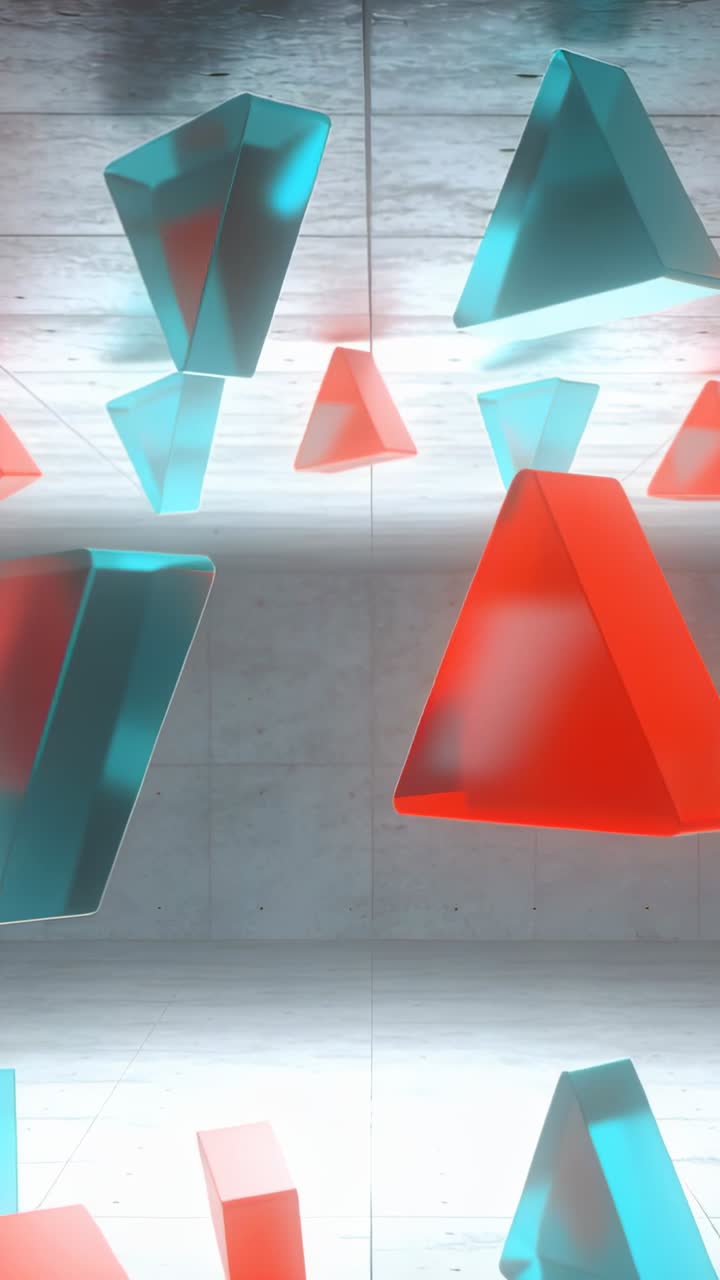 Video vertical: Sólidos cian y rojos cambiantes formando columnas en una sala de hormigón alicatada, impulsados por una banda LED.