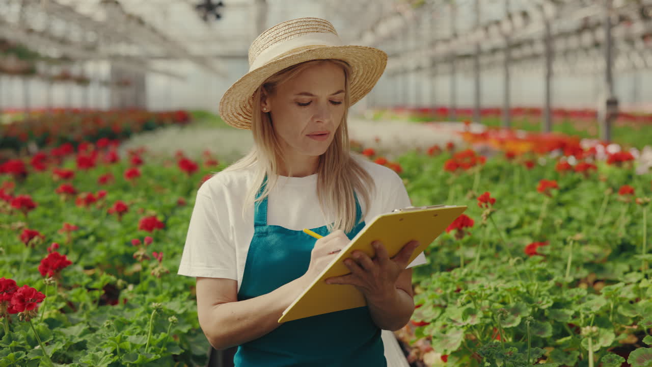 Giardiniera che ispeziona fiori in una serra commerciale