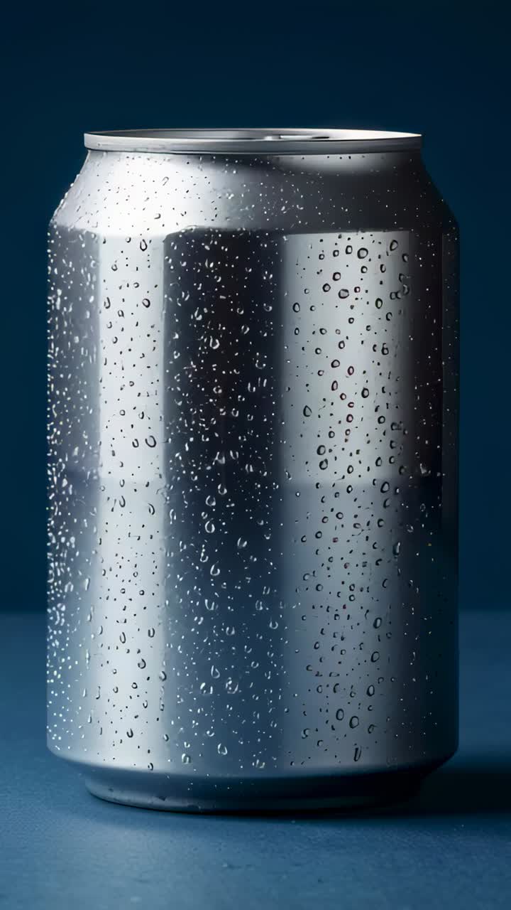 Vertical video: Camera recording silver can sitting on blue desk, showing condensation beads for ad