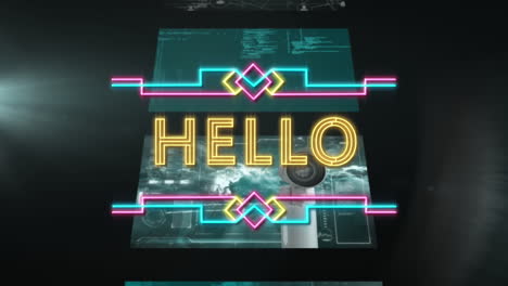 animation of hello text over digital screens on black background